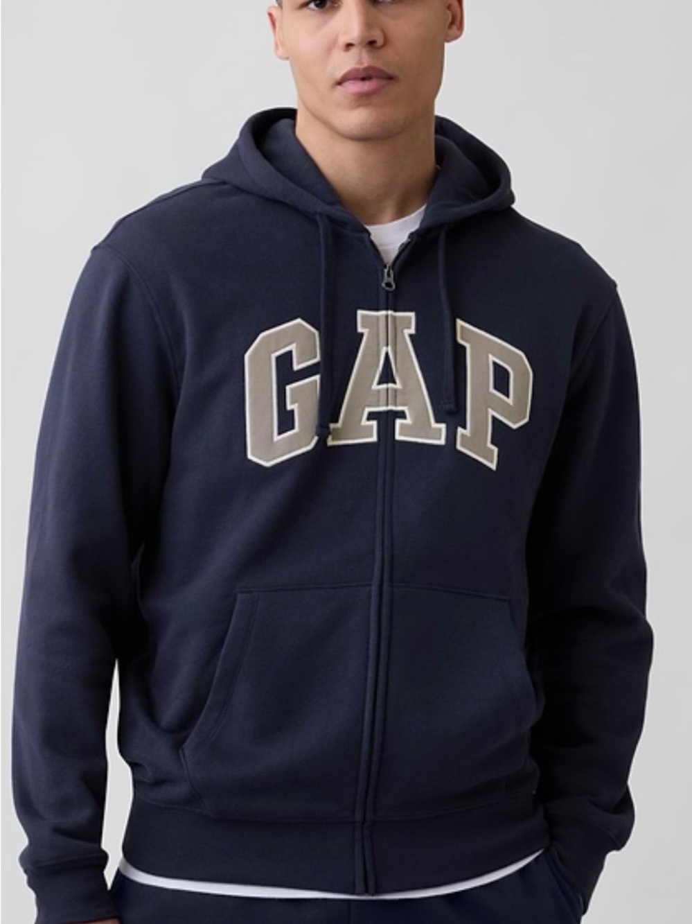 GAP Men's Navy Full-Zip Hoodie with Contrasting Lettering grey lettering